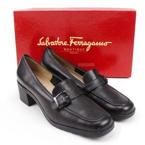 Salvatore Ferragamo Boutique "Cheer" Black Calf Block Heel Buckled Loafer 8 D
